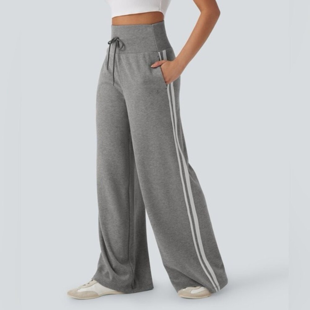 Halara Ribbed High Waisted Tummy Control Drawstring Wide Leg Gray Trousers